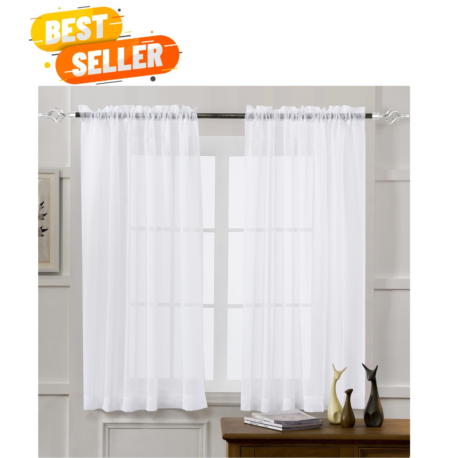 Contemporary White Sheer Curtains 63″ – Semi-Crinkle Rod Pocket Drapes, Set of 2