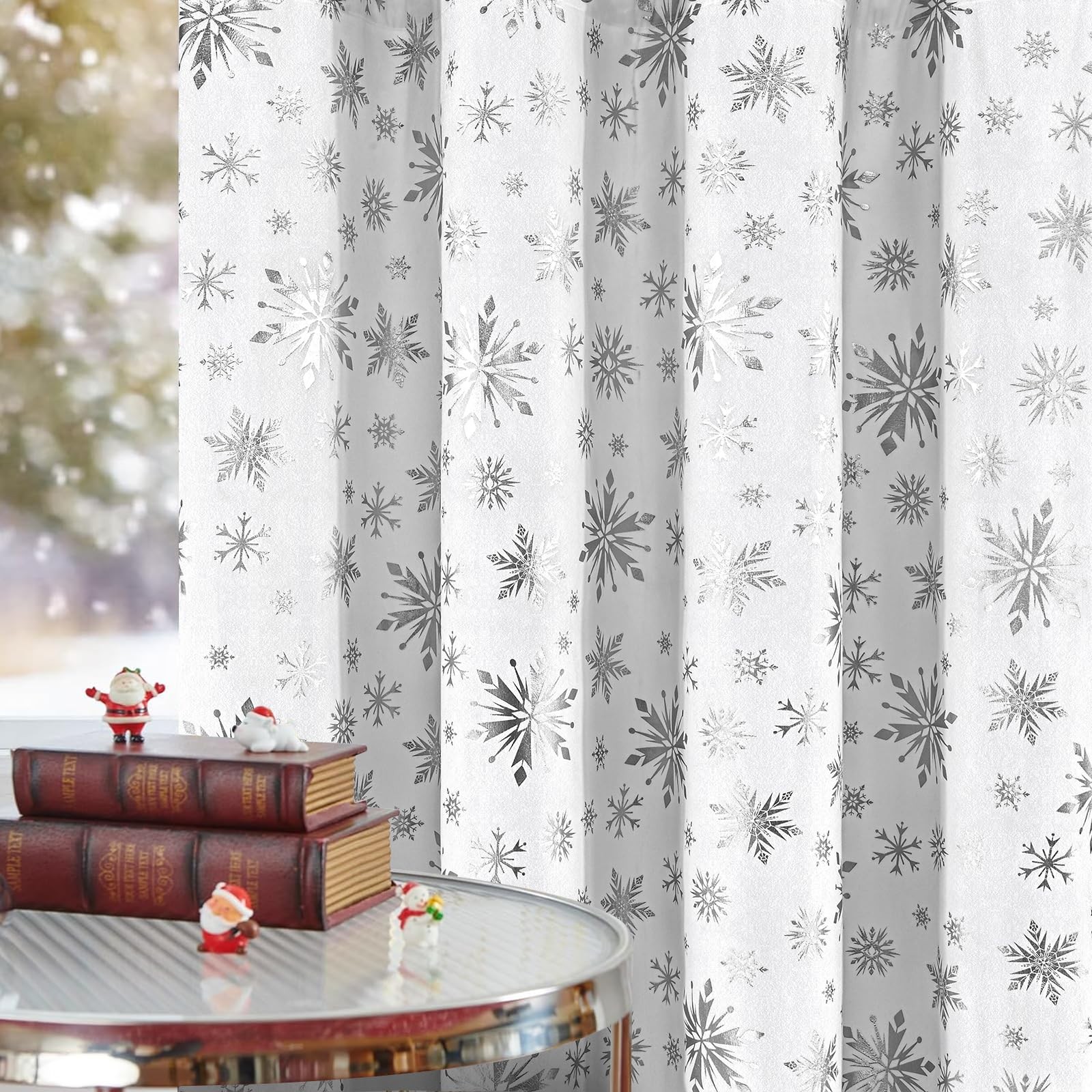 Christmas Curtains for Living Room, Silver Snowflake Foil Print Curtain, Velv…
