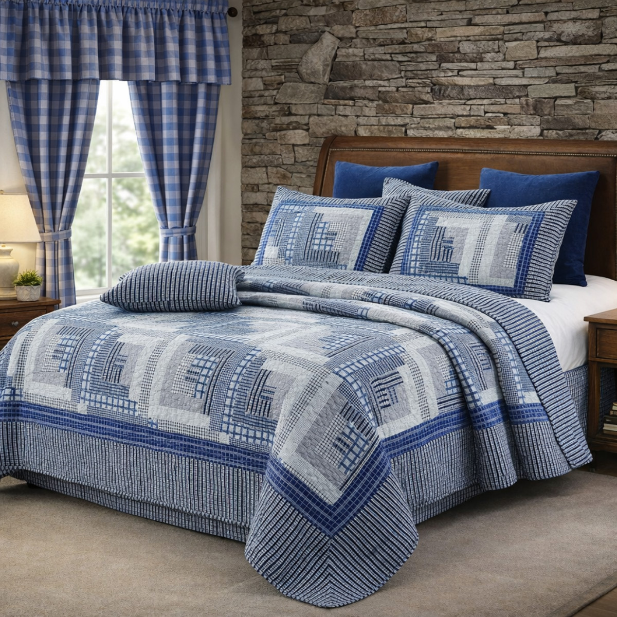 VIRAH BELLA Mountain Check Blue/Grey Blackout Curtains Set 84×40, Rustic