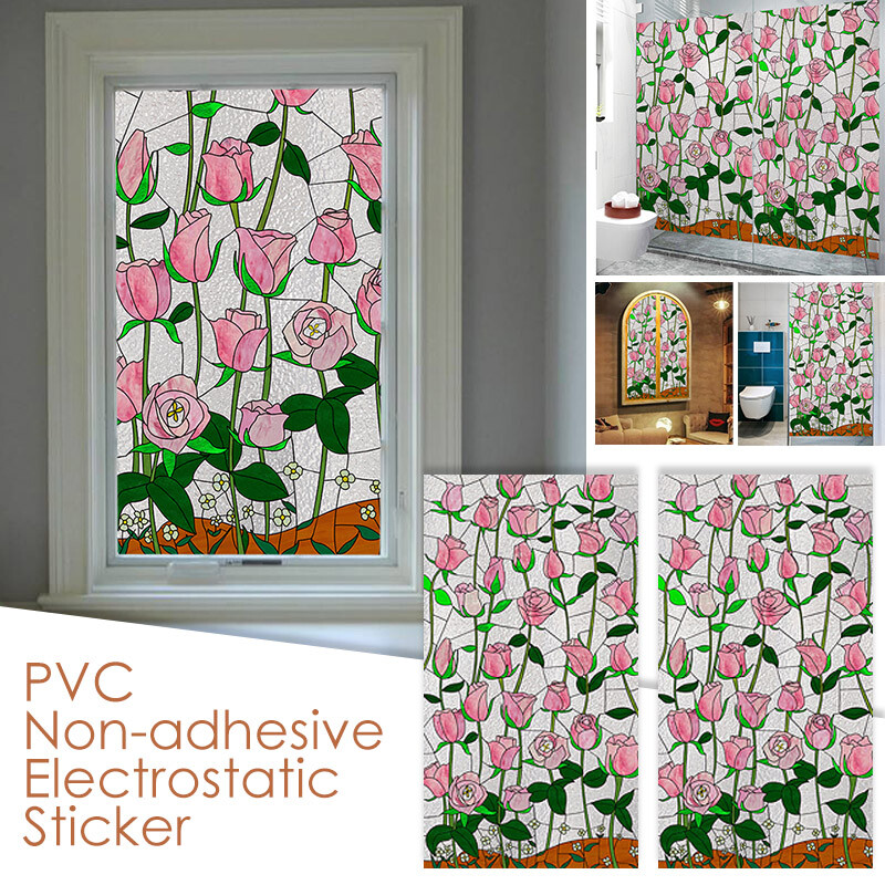 Retro Pink Flower Blossom Window Film Print Sticker Cling Stained Glass Decor