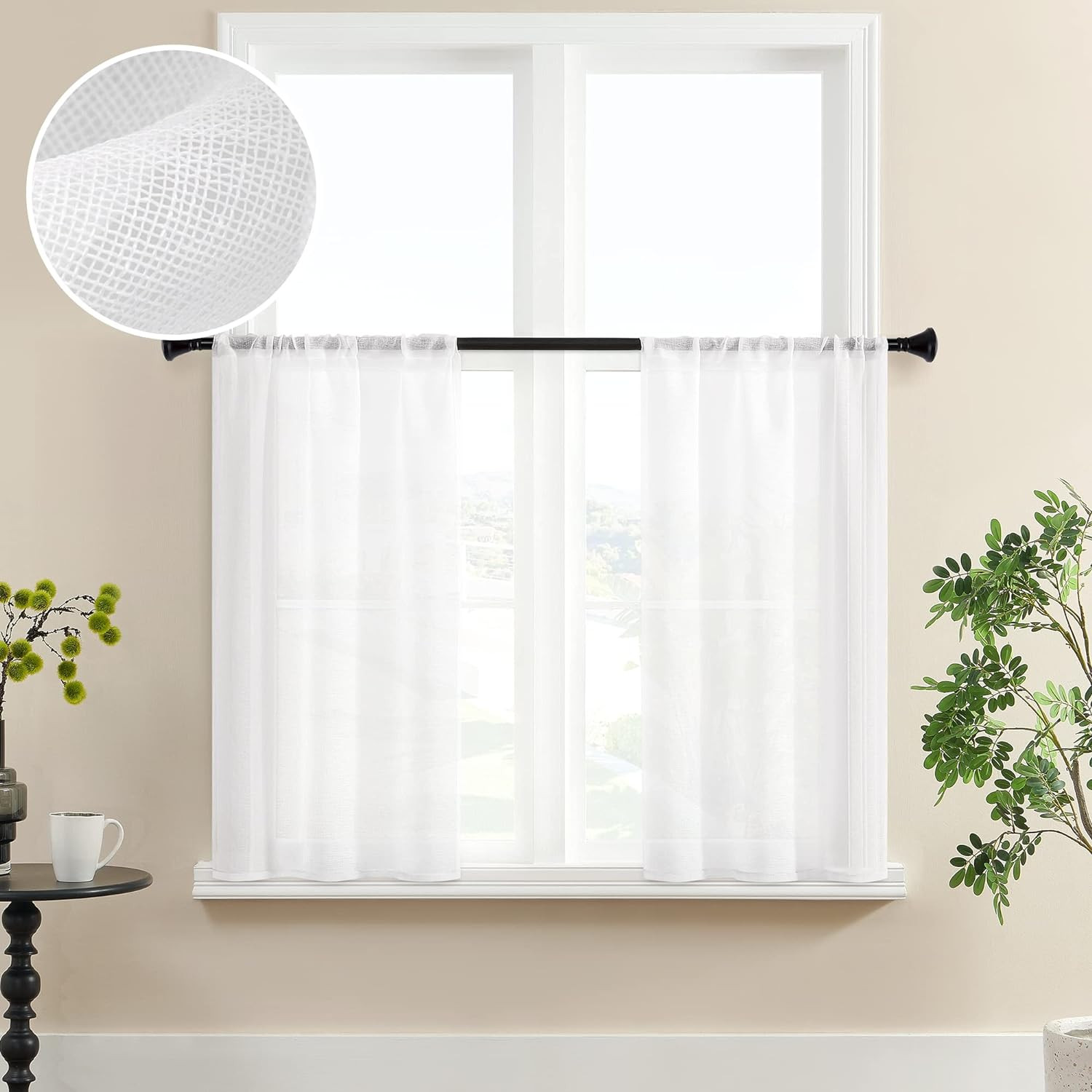 MRTREES Sheer Curtain Tiers 36 Inch Length White Kitchen Window Sheers Bathroom