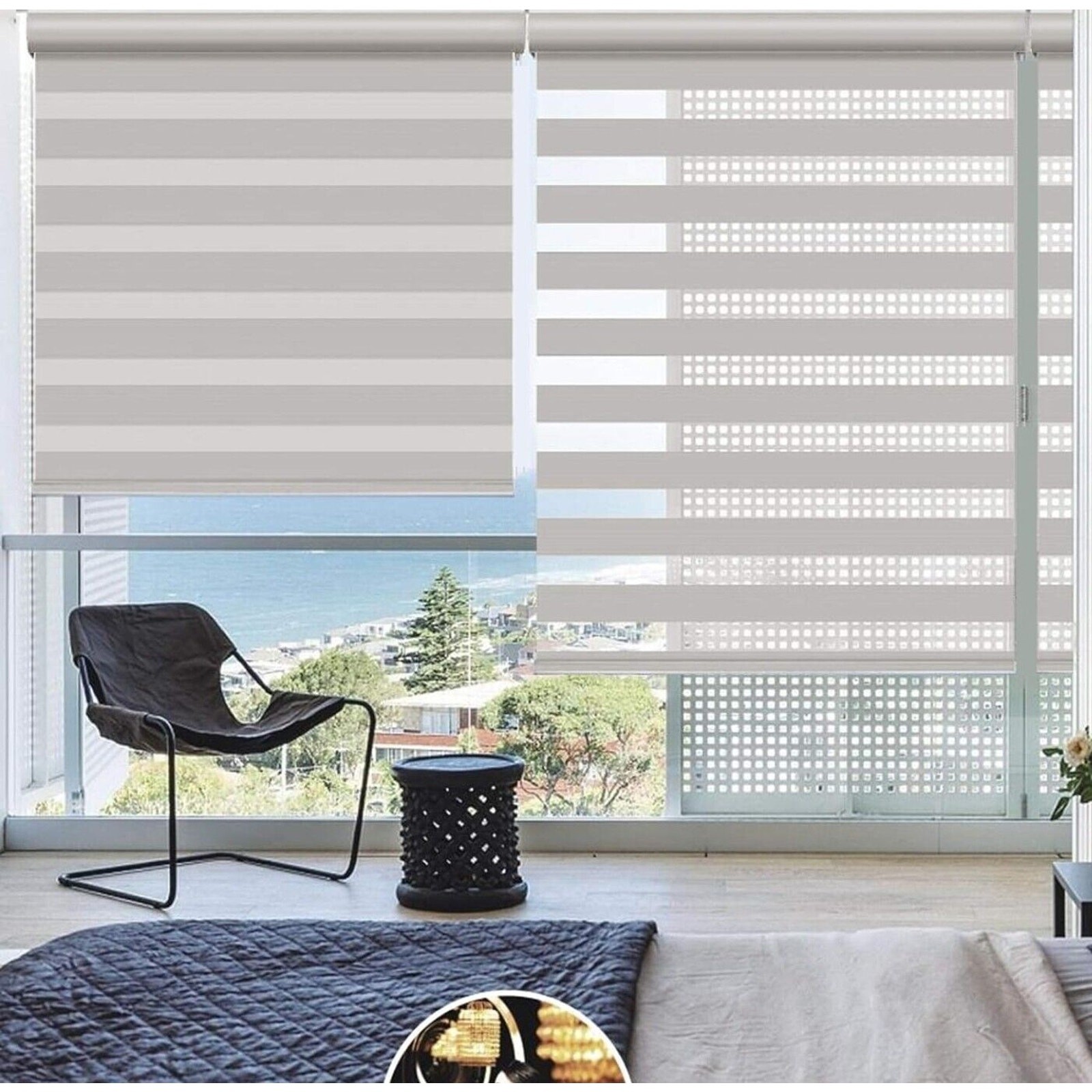 35″ Wide, Beige, Cordless Zebra Roller Shades with Valance