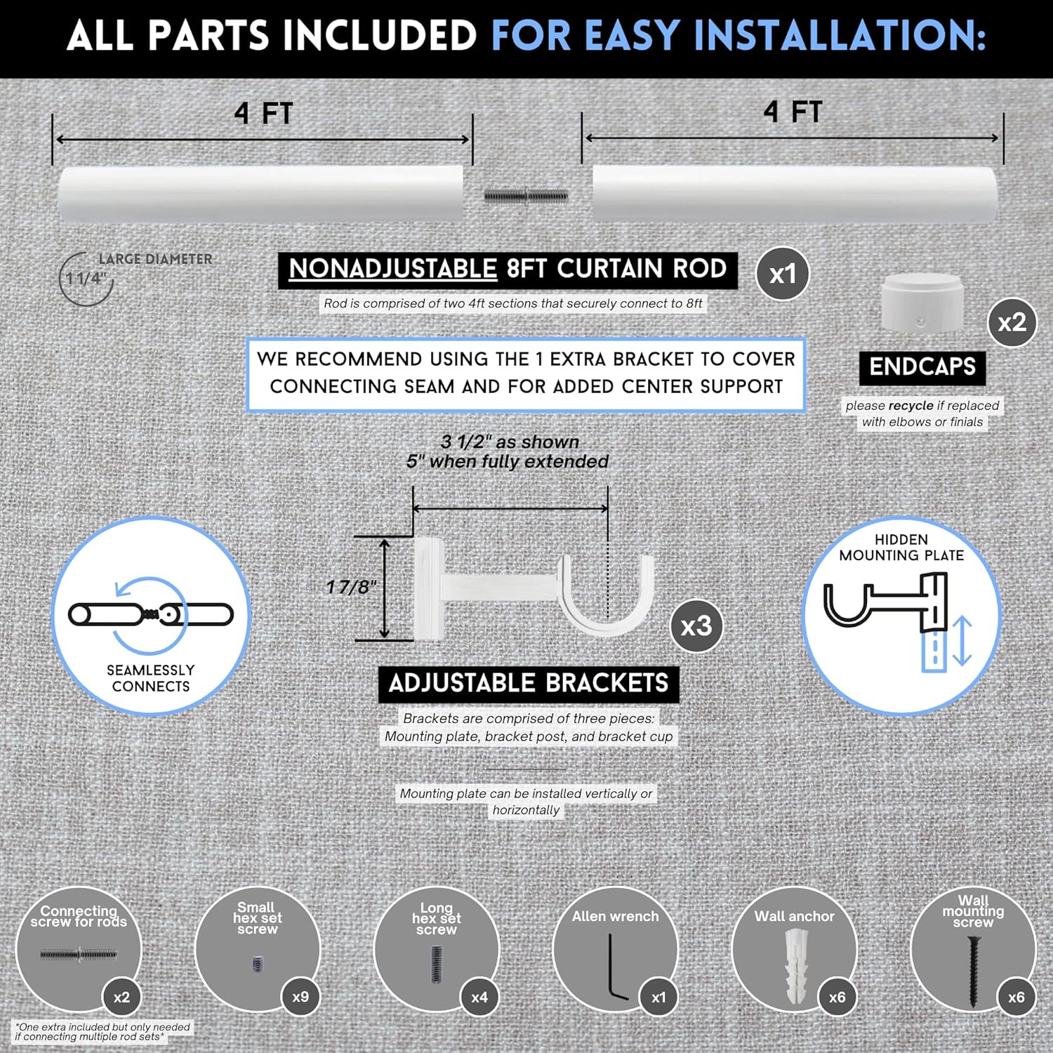 ® Luxury 8 Ft Custom Curtain Rod – 1 1/4″ Large Diameter – Premium Brackets & En