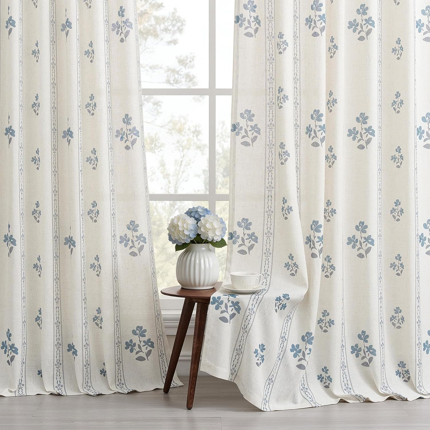 Dusty Blue Floral Pleat Linen Curtains 102 Inches Long for Living Dining Room Pi