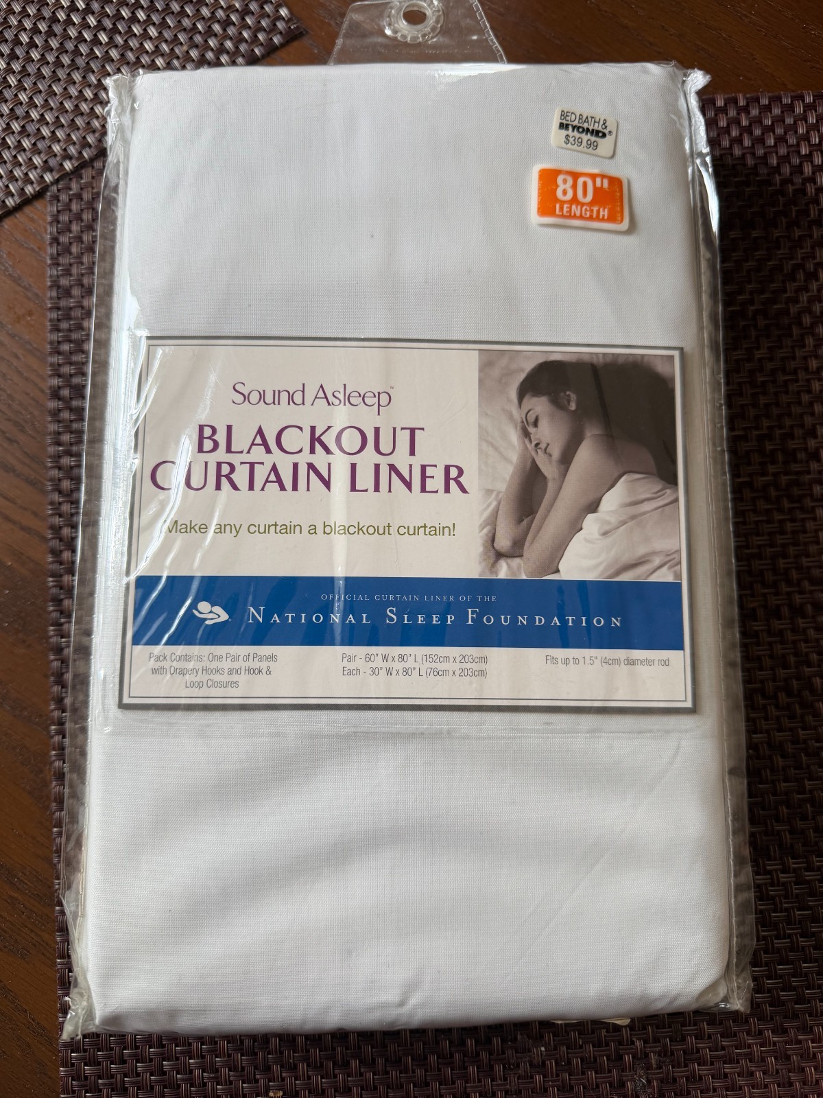 Sound Asleep Blackout Curtain Liner White 60″ x 80″ Pair NEW Sleep Foundation