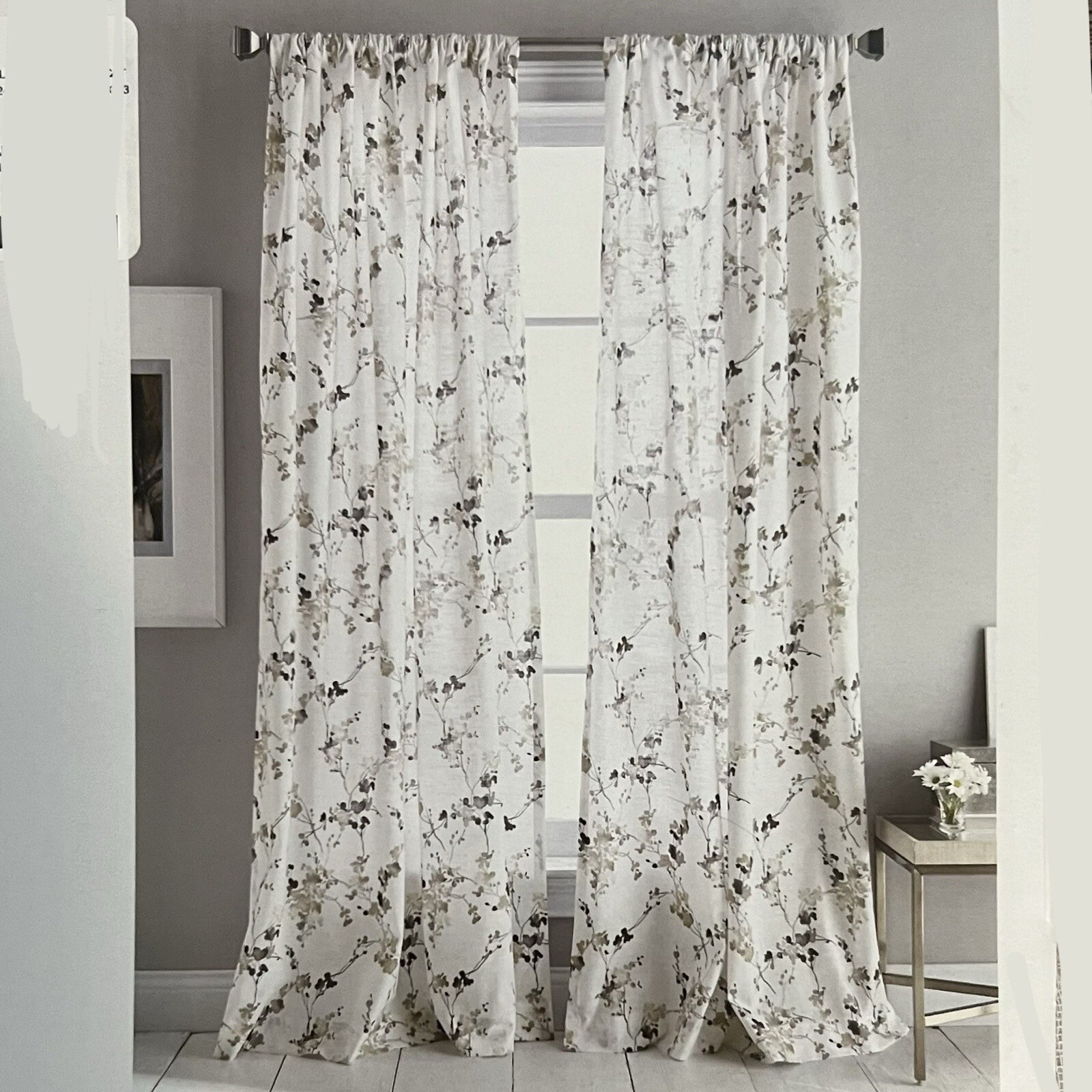 Dkny Wallflower 50x 96 White Beige Tan Gray Floral Sheer Window Curtains Flowers