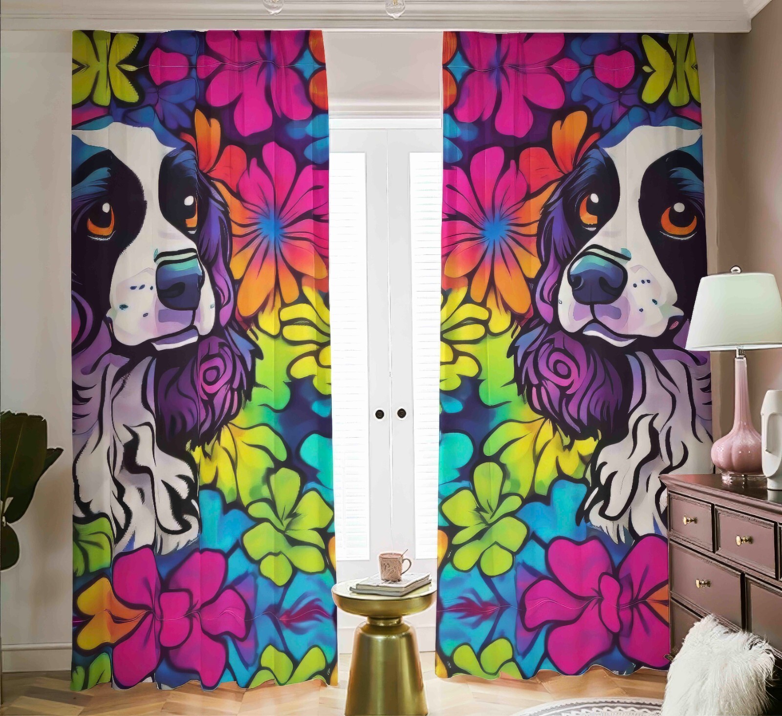 Cocker Spaniel Dog Blackout Curtains Shades Drapes 2 Panels Black Out Rainbow