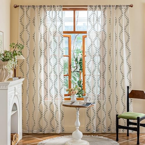2 Panels Linen Leaf String Floral 52″W x 84″L (Pack of 2) Sage Green