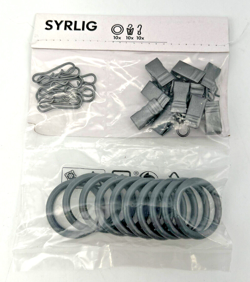 Ikea SYRLIG Curtain ring with clip & hook 202.172.25 gray Pack Of 10 NEW
