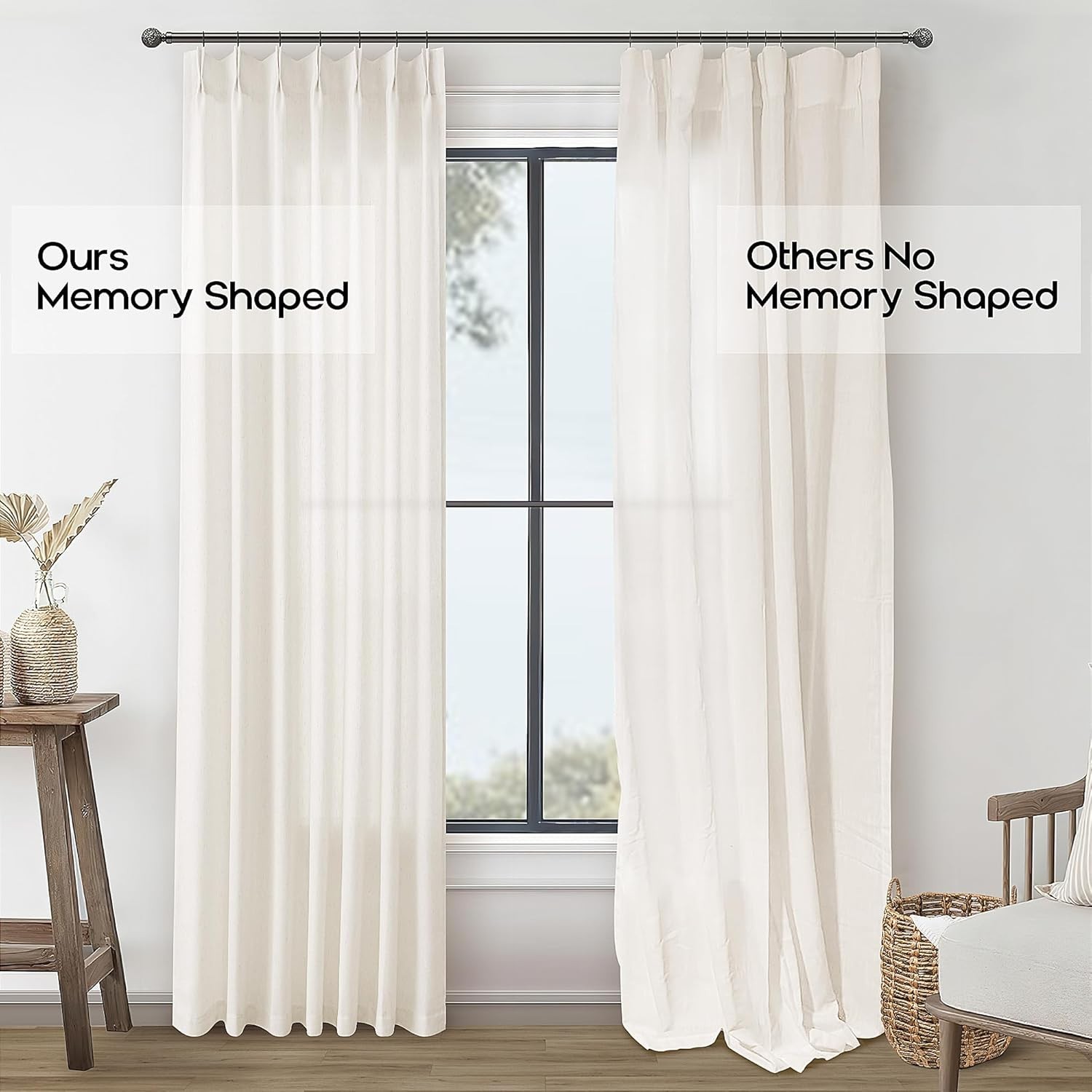 108″ Cream Linen Pinch Pleated Curtains – Light Filtering Drapes for Any Room
