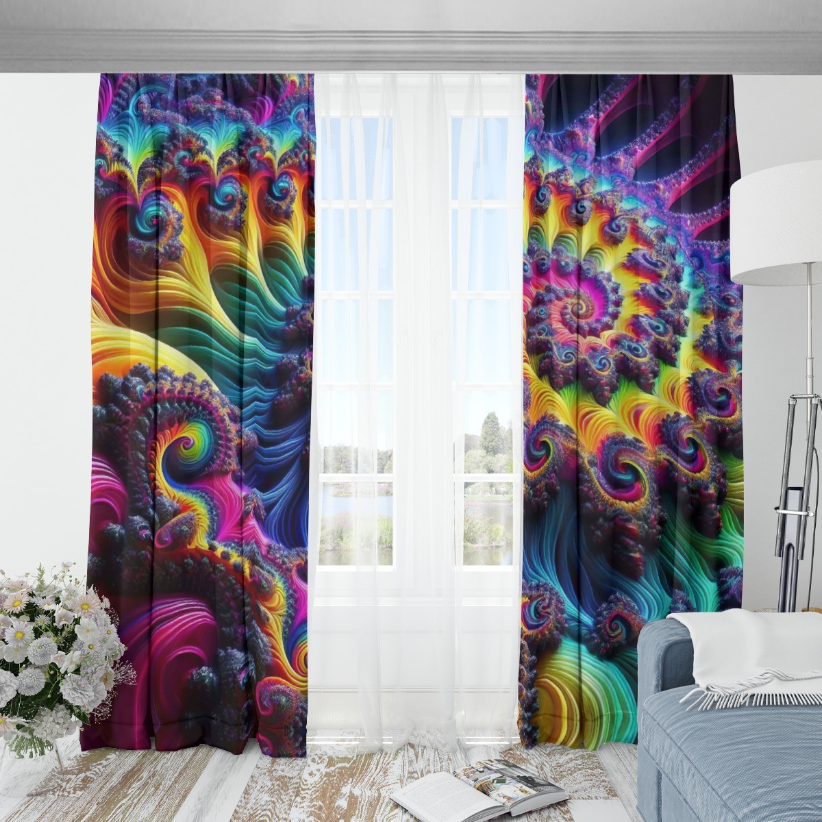 Psychedelic Spiral Blackout Curtains Drapes Shades Rod Pocket Fractal Purple 3D