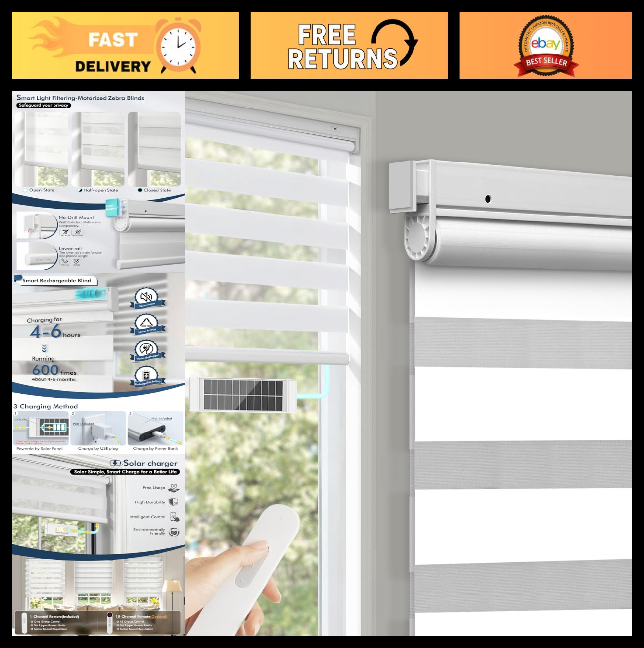 Motorized Zebra Blinds No Drill, Remote Control Cordless Dual Layer Shades, 33.5