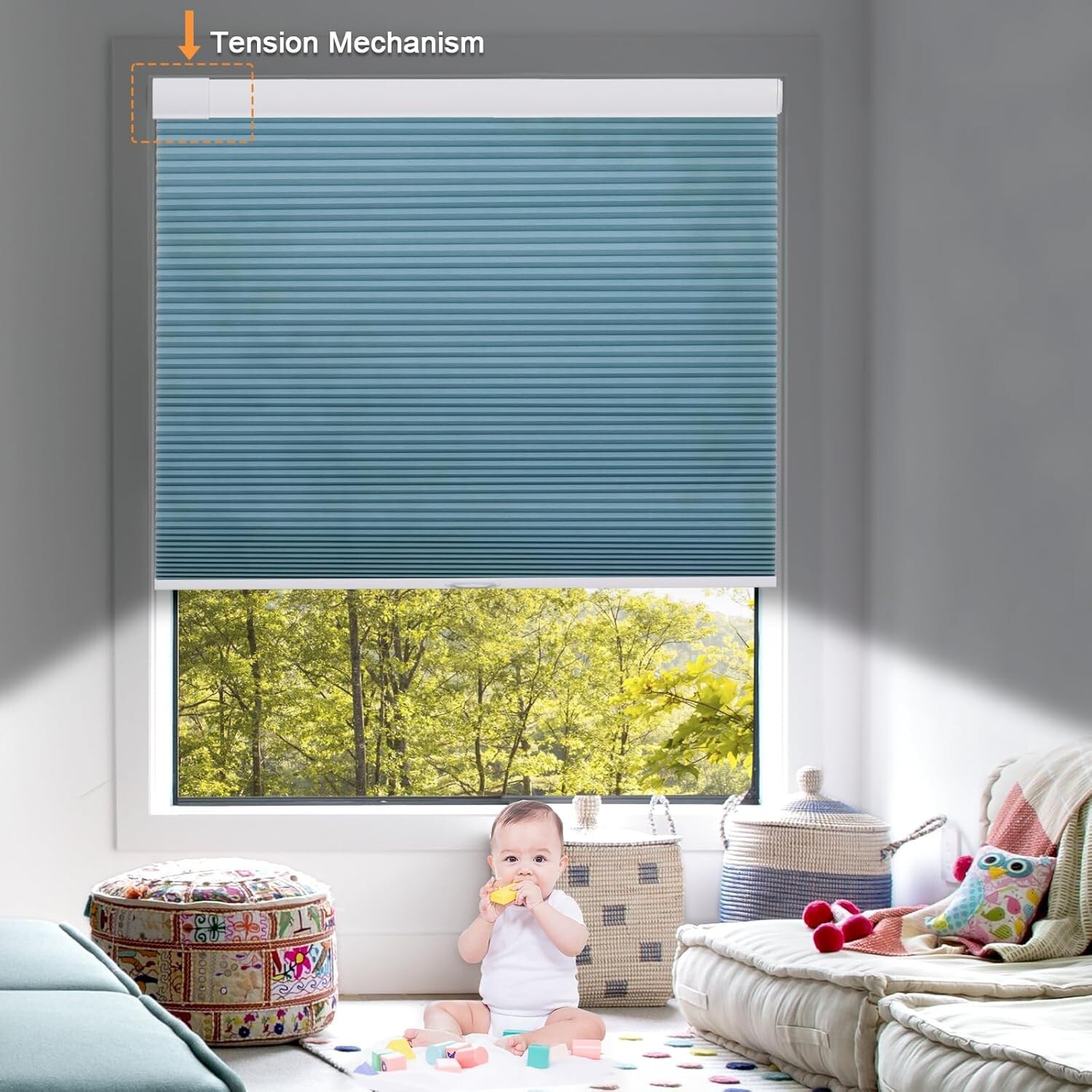 No Tool Top Down Light Filtering Blue Cellular Shades Cordless Honeycomb Blinds
