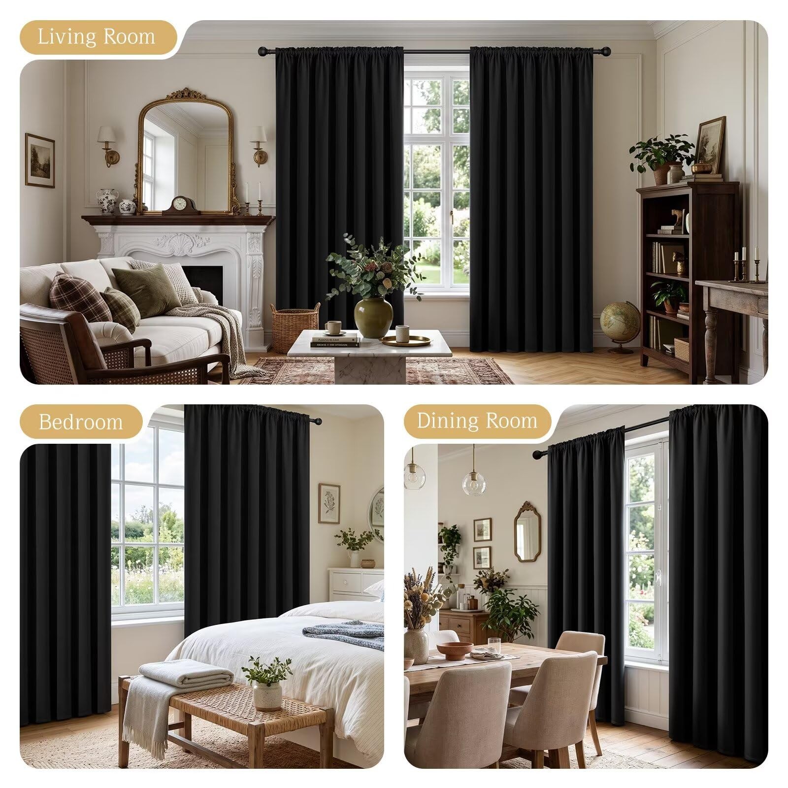 Black Blackout Curtains 84 inch Length 2 Panels Set, Rod Pocket (W52 x L84 Inch)