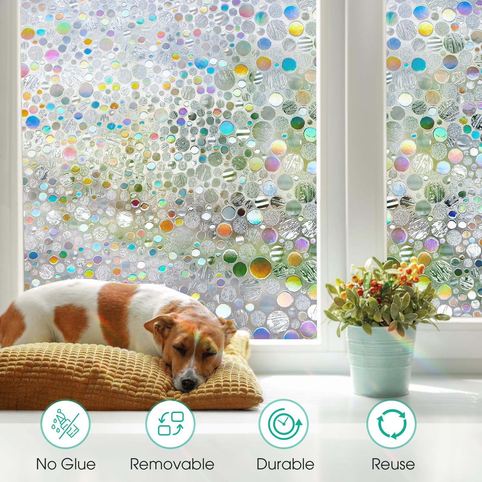 Iridescent Window Film, Bubble Design, 91% UV Blocking,No Glue Needed,Multicolor
