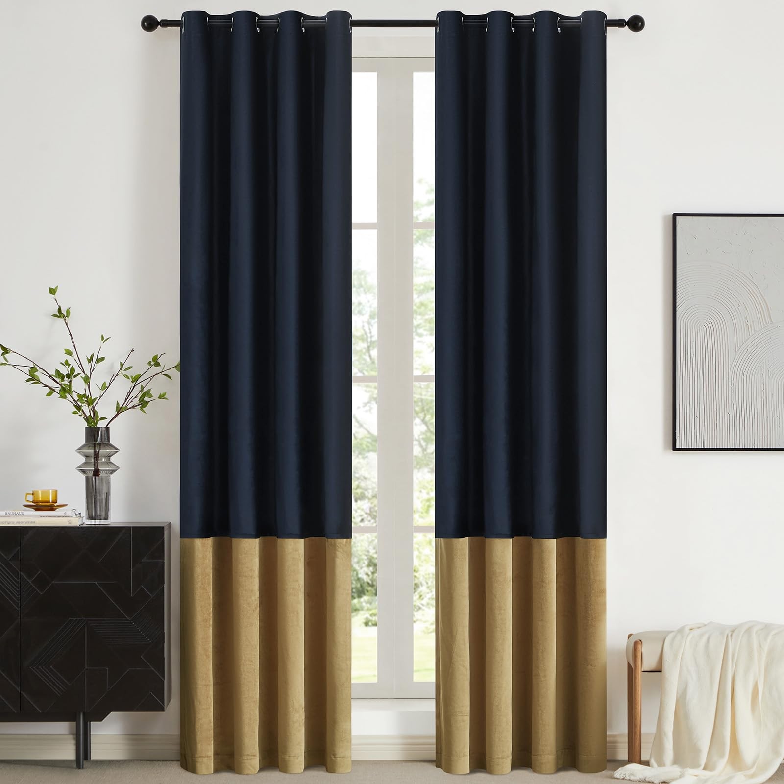 Color Block Window Curtains Panels 90 inches Long Navy Blue Gold Velvet Farmh…