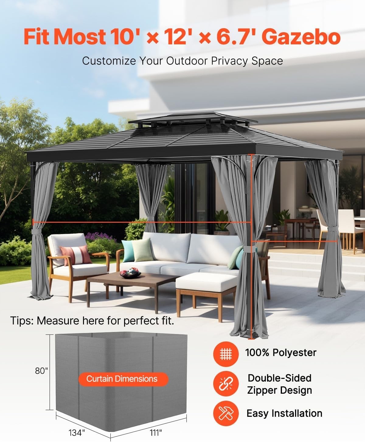 Universal 4-Panel Backyard Gazebo Curtains with Three-Section Ties – 12’ x 10’