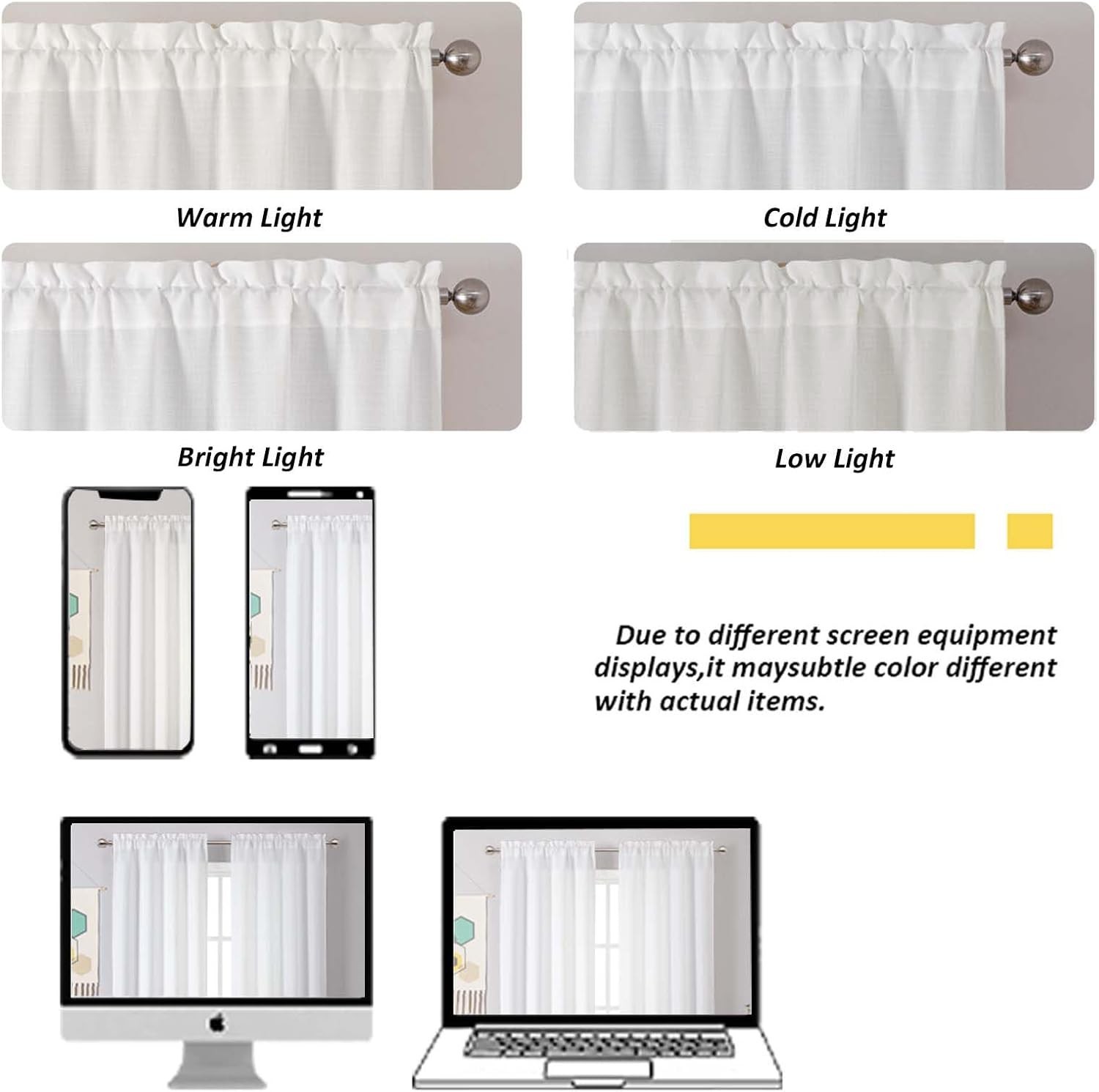 2 Panels White Kitchen Curtains 36 Inch Length Tier Curtain, Faux Linen Textu…