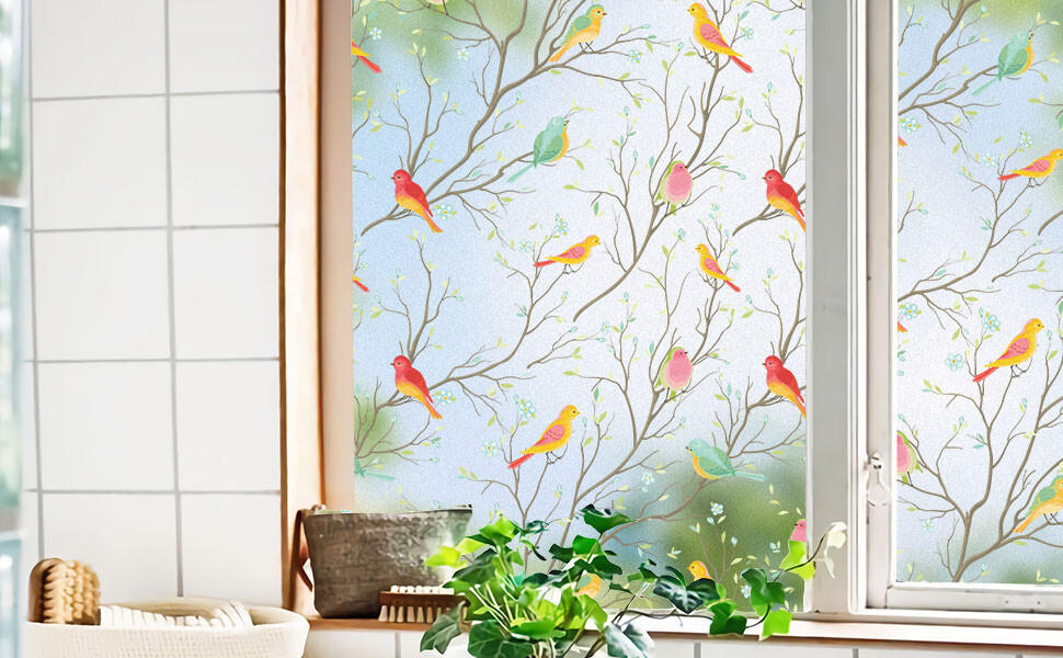 Bird&Tree No Glue Static Decorative Privacy Window Films for Glass 17.7″x78.7″