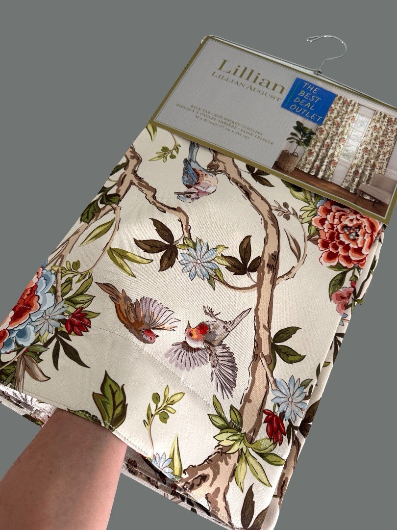 Lillian August Window Curtains 2 Panels 38 x 96″ Cream Birds Drapers Back Tab