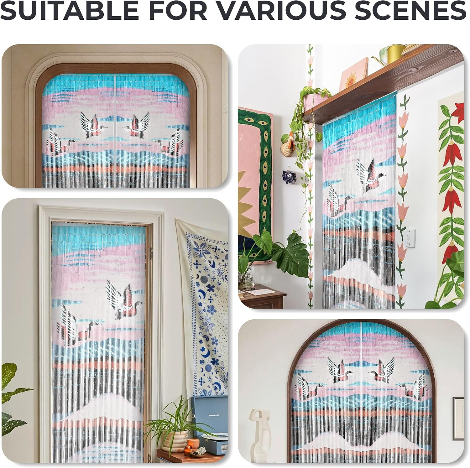 Flying Cranes over Sunset Lake Beaded Curtain, Hand-Painted Hanging Door