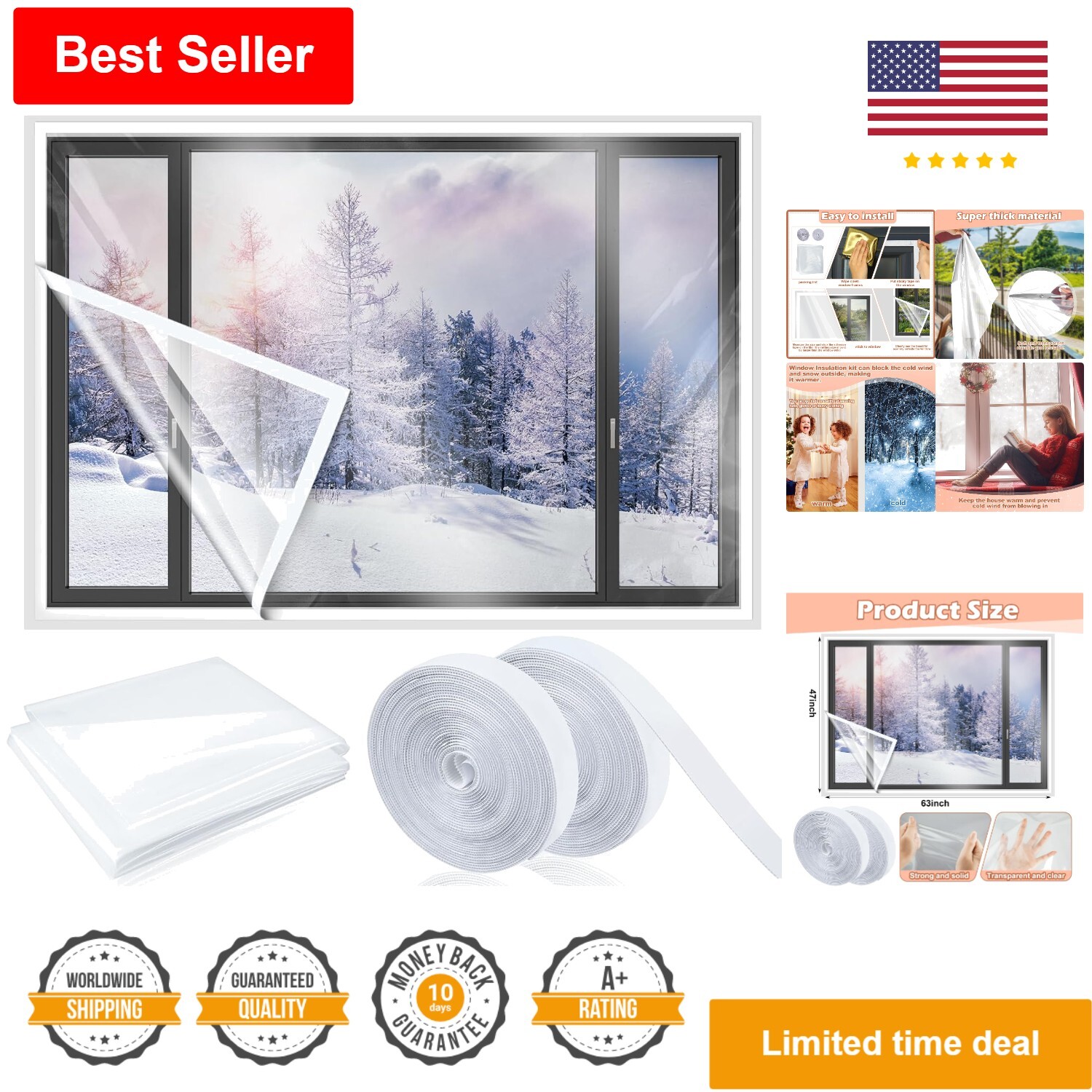47 x 63 Inch Window Insulation Kit – Transparent Film with Adhesive Straps