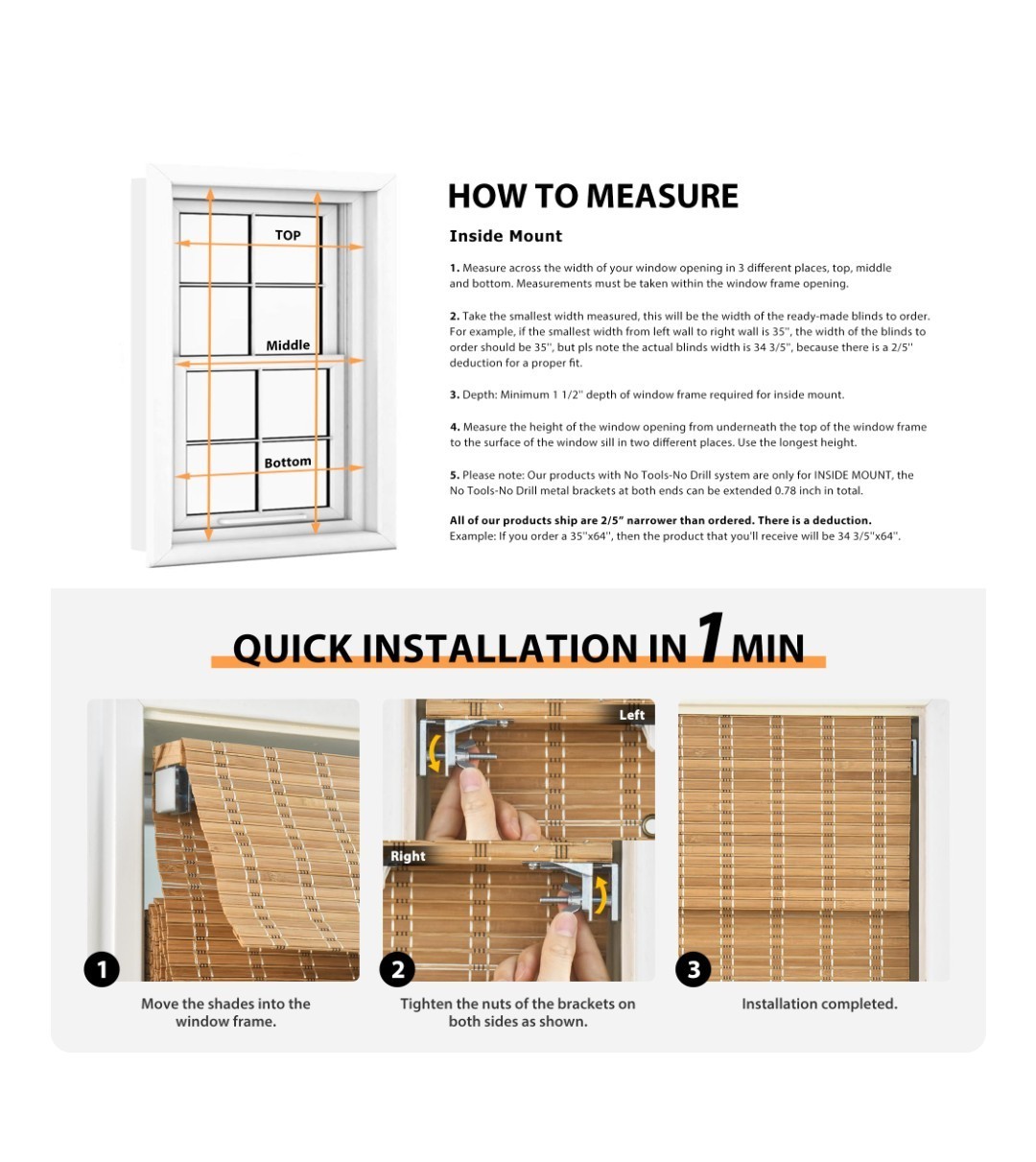 LazBlinds Cordless No-Drill Bamboo Roman Shade Light Filtering 21″x64″ MPN