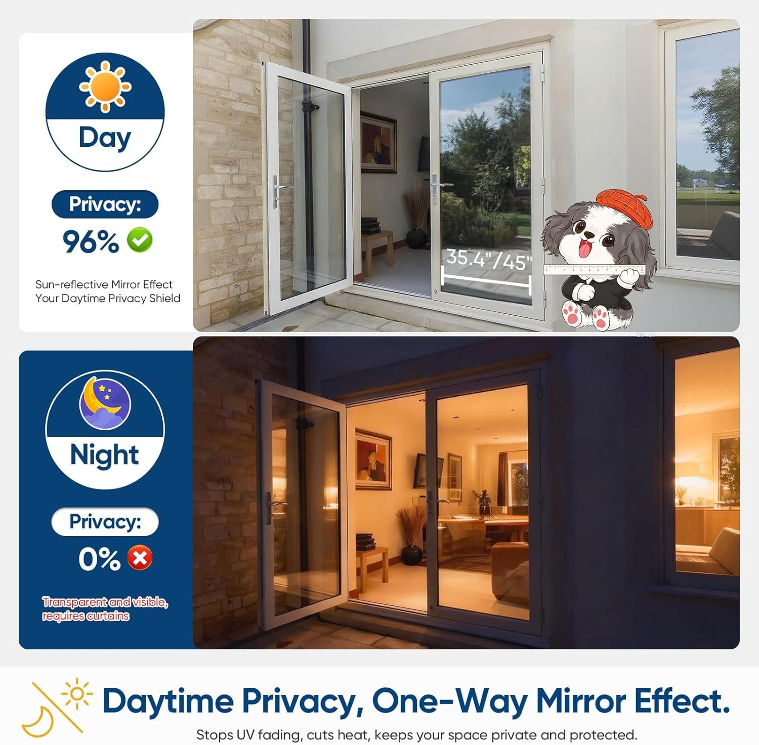 Window Tint for Home, One Way Privacy Film Heat & UV Blocking, Static Cling N…