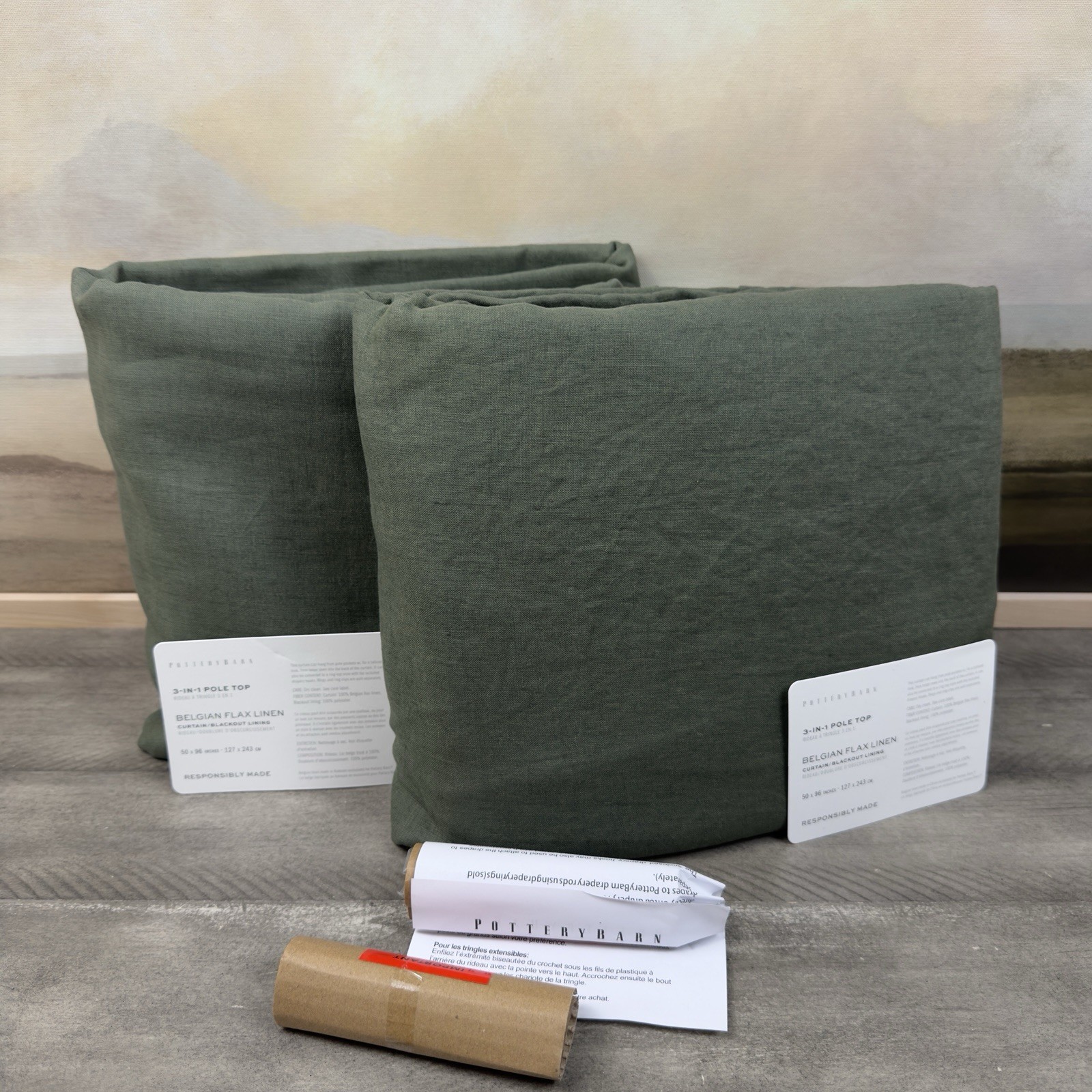 Pottery Barn Belgian Flax Linen Blackout Curtains Drapes 50”x96” Cypress Set/2