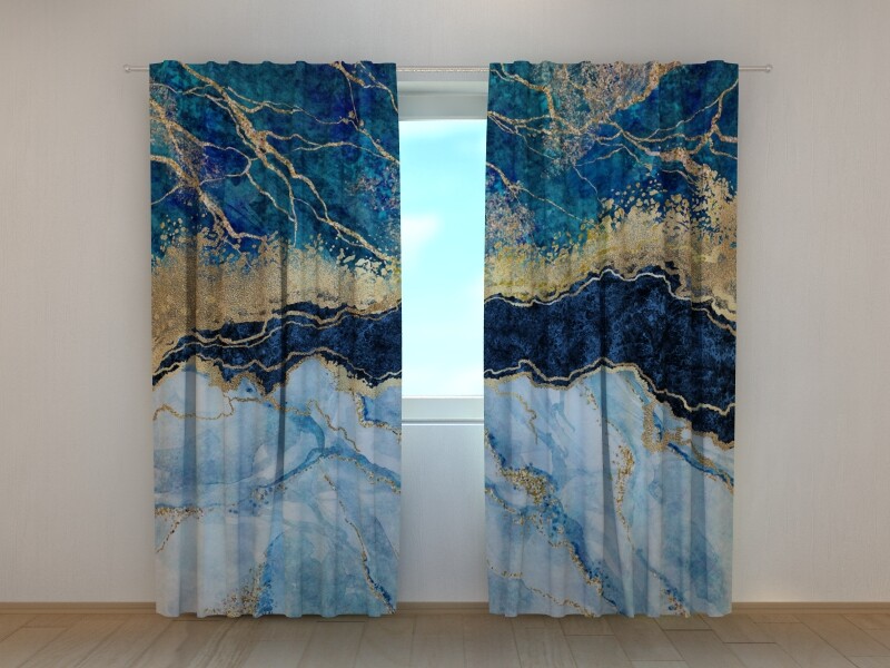 Photo Curtain Blue Marble with Golden Glitter by Wellmira Made to Measure
