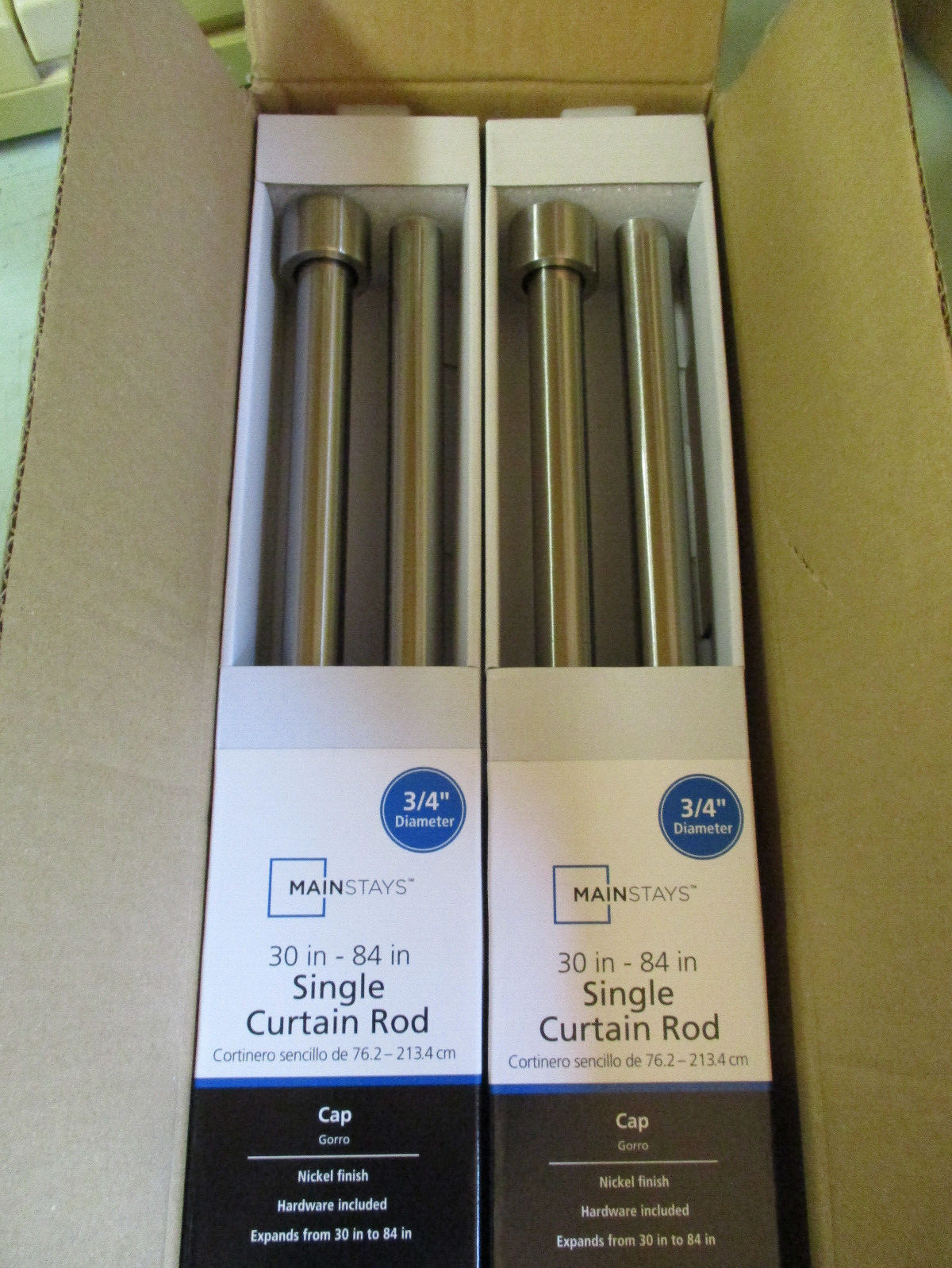2 PACK Mainstays 3/4″ NICKEL Cap Single Adjustable Curtain Rods 30-84″ U20