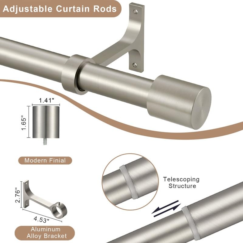 Hosmile Brushed Nickel Curtain Rods Cap Finials Single 72-144 Adjustable