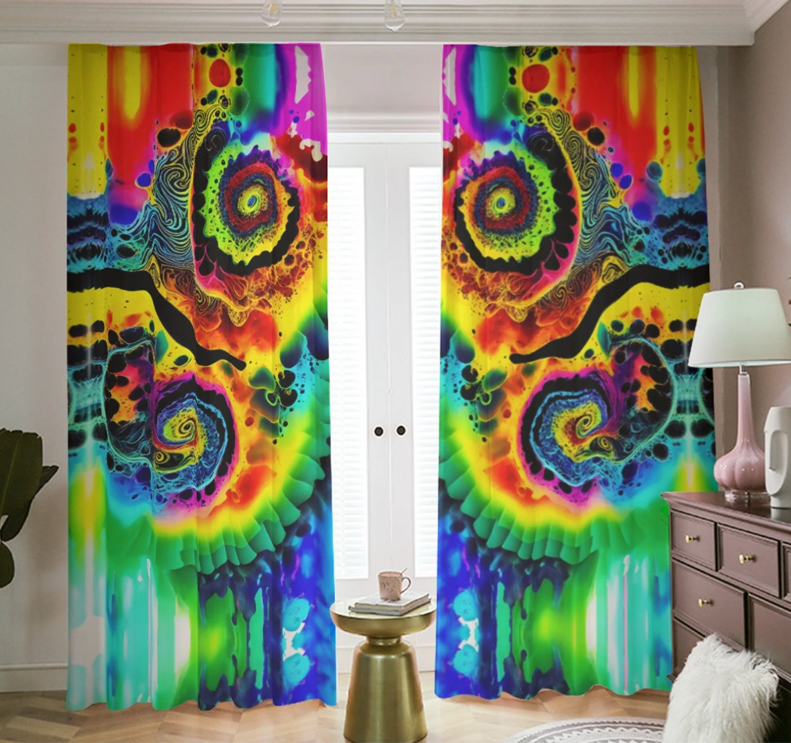 Psychedelic Tie Dye Blackout Curtains, Room Darkening Drapes Rainbow Liquid Lava