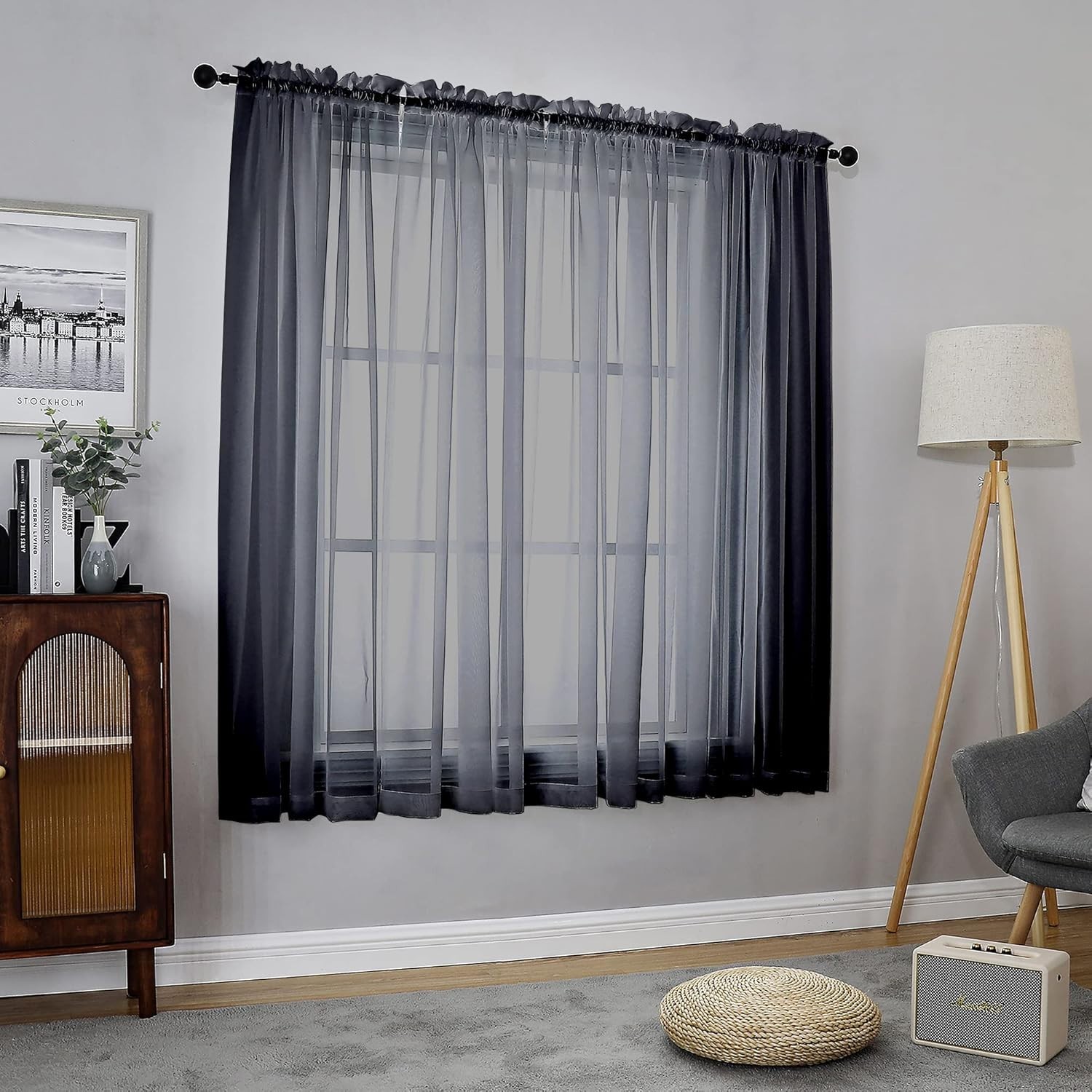 Light Filtering Black Sheer Curtain Set – 63 Inch Drapes for Any Room, 2 Pieces