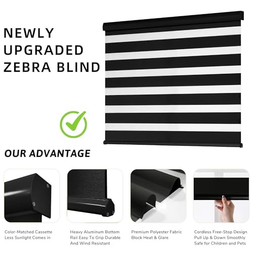 Cordless Zebra Blinds for Windows, Dual Layer Free-Stop 30″W x 72″H Black