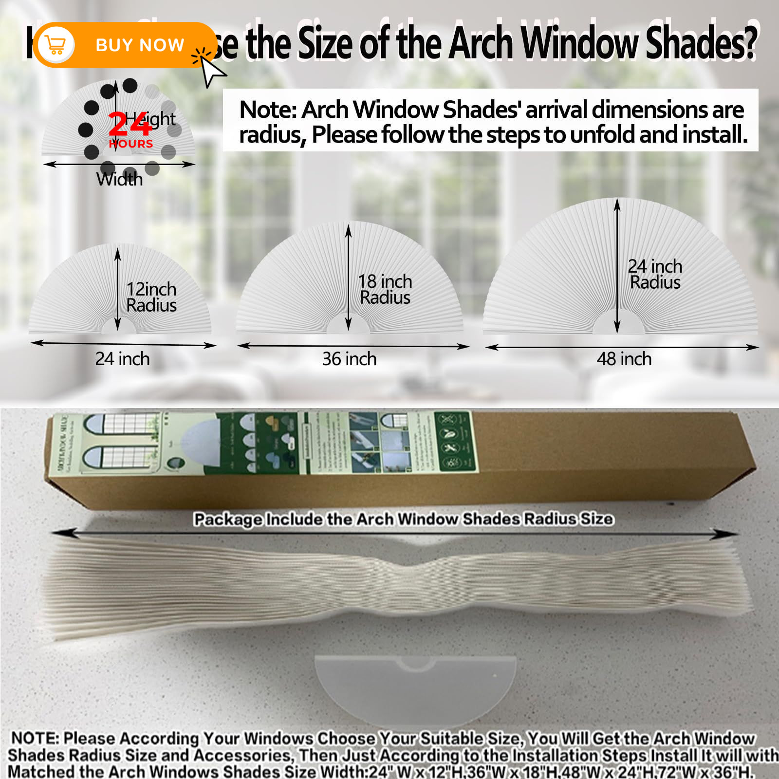 Arch Window Shade Blackout Cellular Shades Half Circle 24″W x 12″H, Black