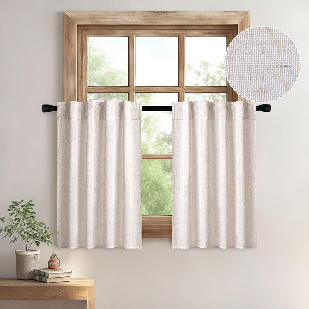 Kitchen Curtains 24 Inch Long 2 Panels Natural Linen White Farmhouse