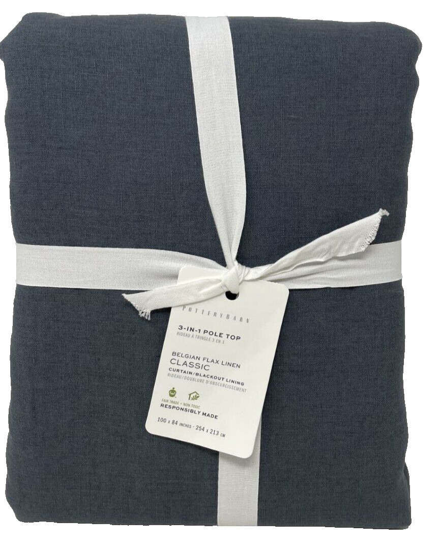 Pottery Barn Belgian Flax Linen Doublewide Blackout Drape 100″ x 84″ Steel Blue