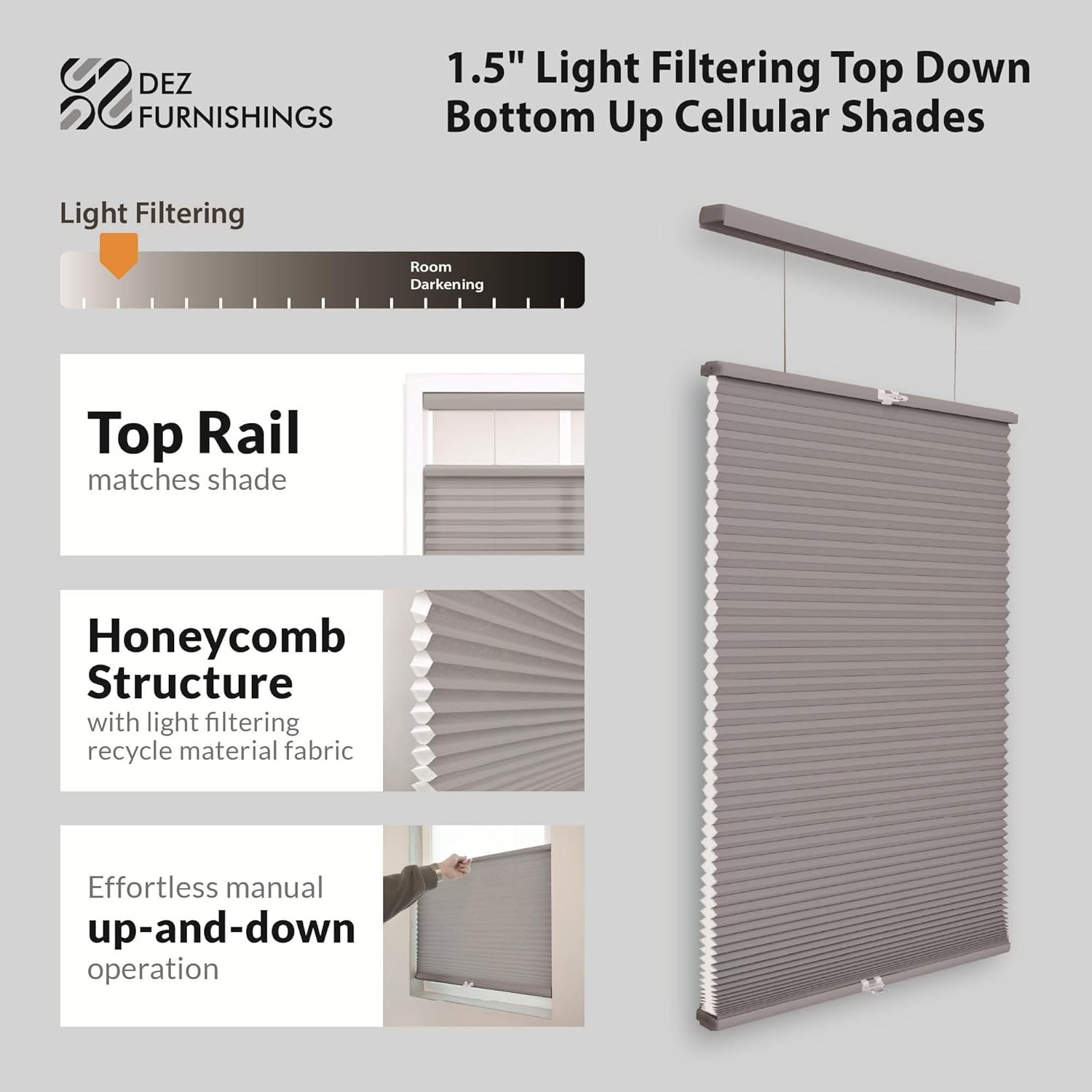 Cordless Light Filtering Cellular Shade, 58.5″ W x 60″ H, Gray