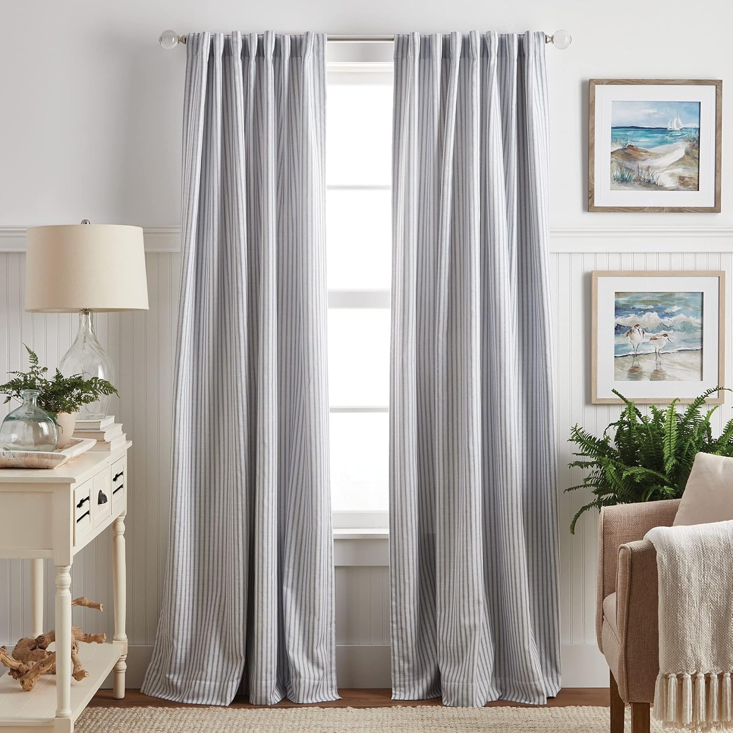 Indigo Ticking Stripe Blackout Curtain Panel Pair, 95″ White/Indigo