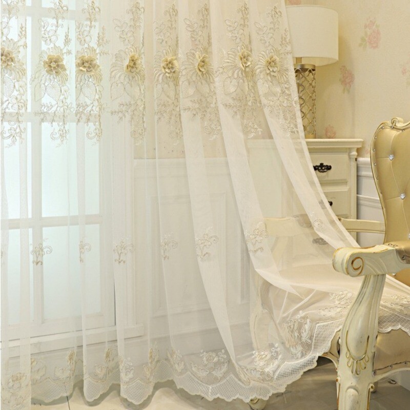 Luxury Romantic 3D Floral Embroidery Gauze Curtain Beads Drape Bedroom Curtain