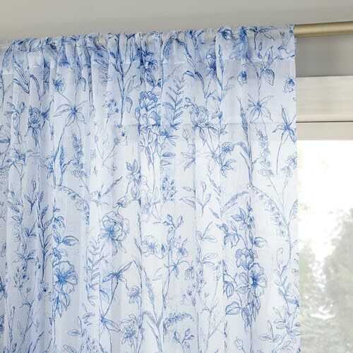 Ambree Vintage Floral Sheer Rod Pocket Curtain Panel, 51″ x 84″, Chinoiserie