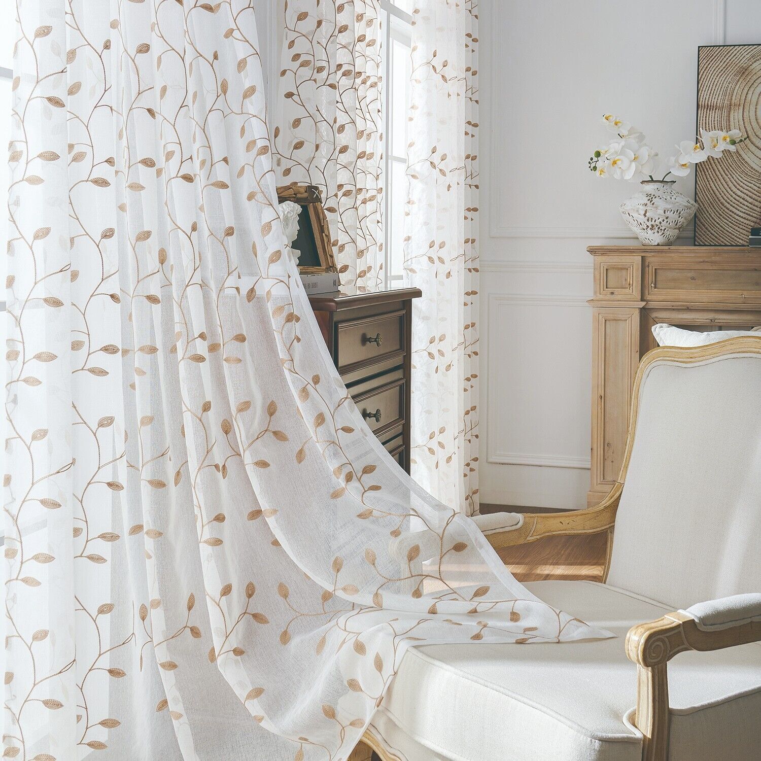 2 Panels Embroidered Leaves Semi Sheer Voile Window Curtains Drapes Living Room