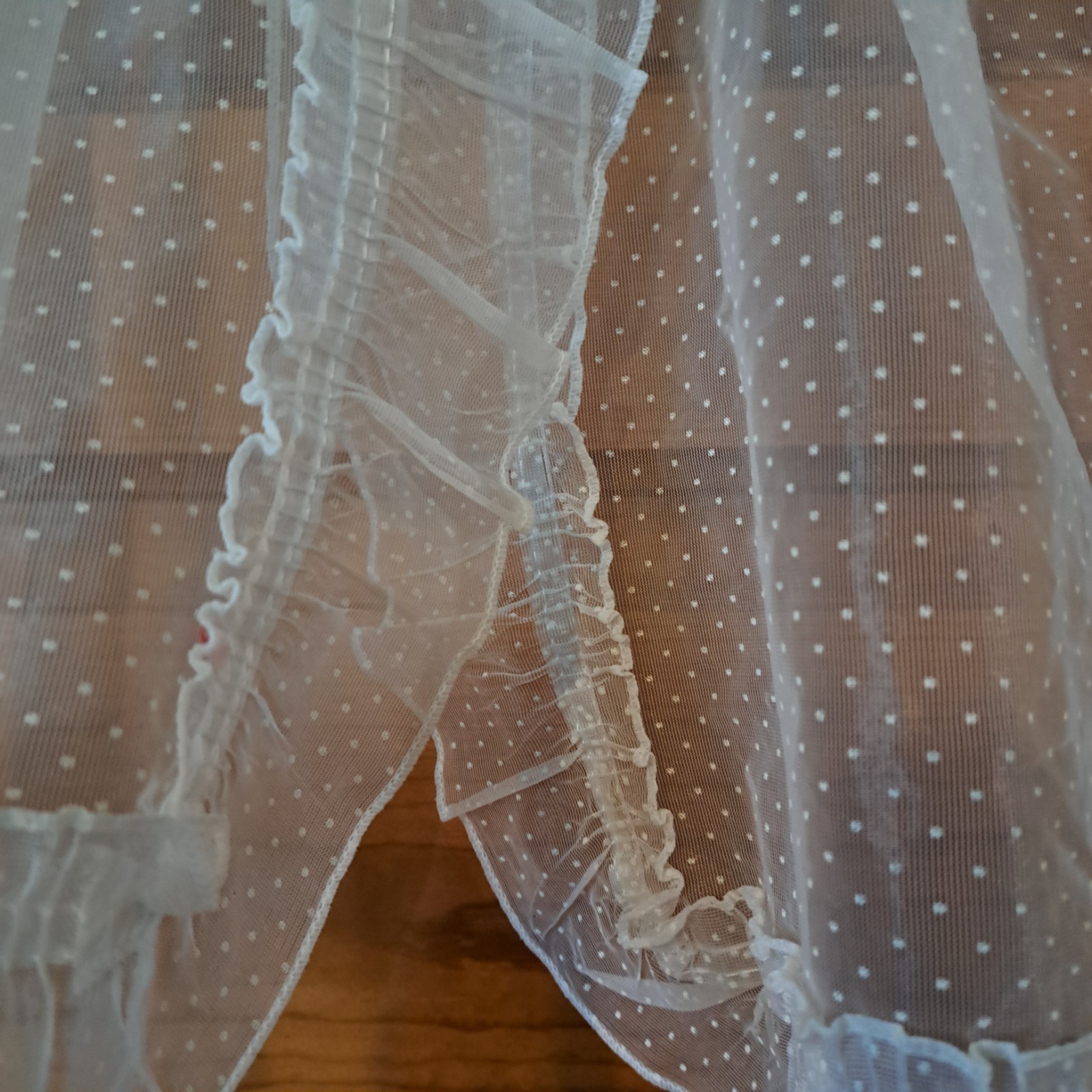 Vintage white polyester dotted swiss cafe curtains and valance rod pocket