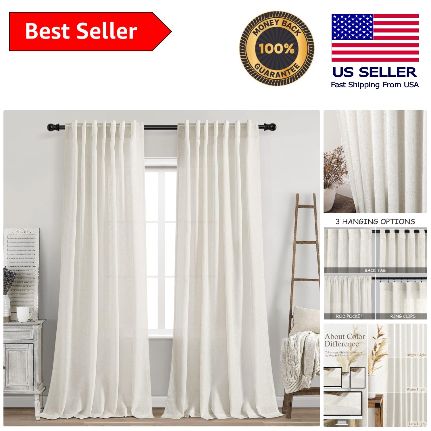 Classic Cream Linen 2-Piece Curtain Set 84” – Modern Rustic Window Drapes