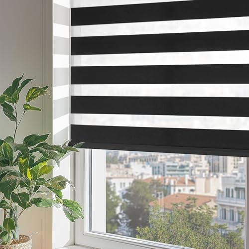 Cordless Zebra Blinds for Windows, Dual Layer Free-Stop 30″W x 72″H Black