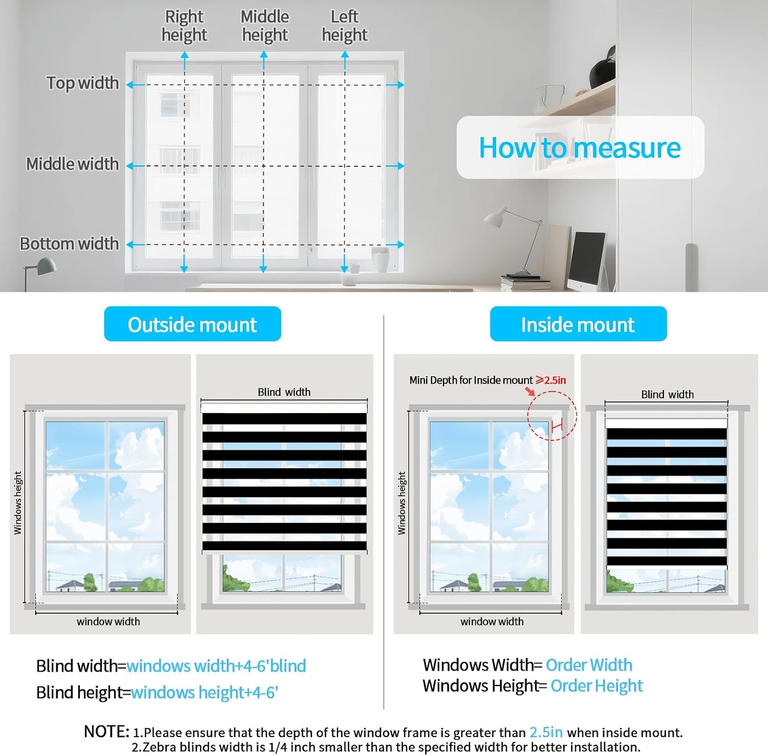 Cordless Zebra Blinds 33″ W x 72″ H Black Free-Stop Roller Shades