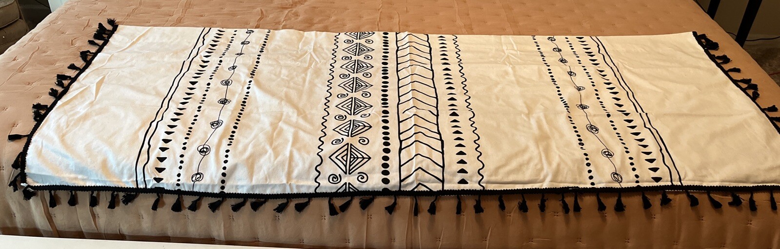 New Never Used ~ Fun Boho Black and Ivory Striped Valance With Tassels 61×24