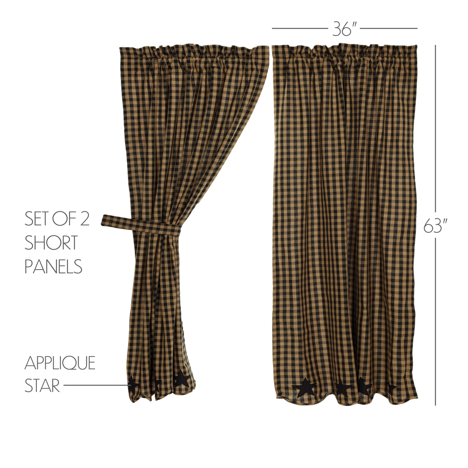 VHC Brands Primitive 63″x36″ Panel Pair Black Rod Pocket Star Window Curtains