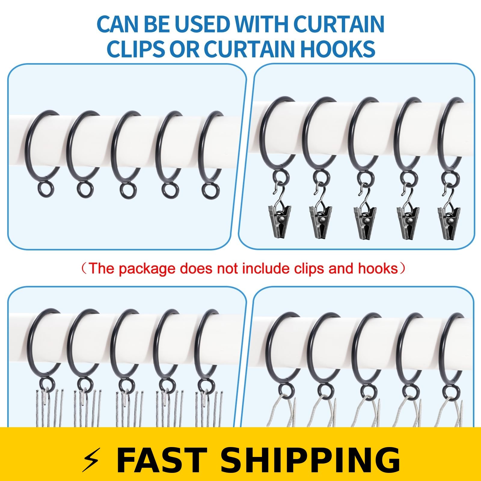 AMZSEVEN 44 Pack Curtain Rings Metal Drapery Ring 1.5 Inch Black